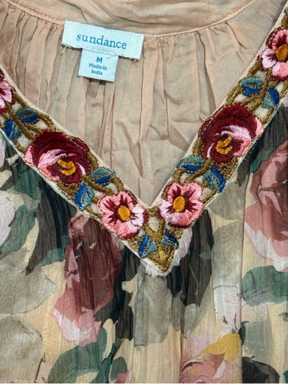 Sundance Cupro Floral Embroidered Boho Blouse Lined Sheer Sleeve Medium - Picture 5 of 5
